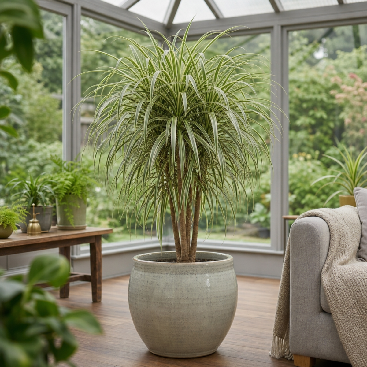 Variegated Dragon Tree houseplant with red and cream edged leaves.