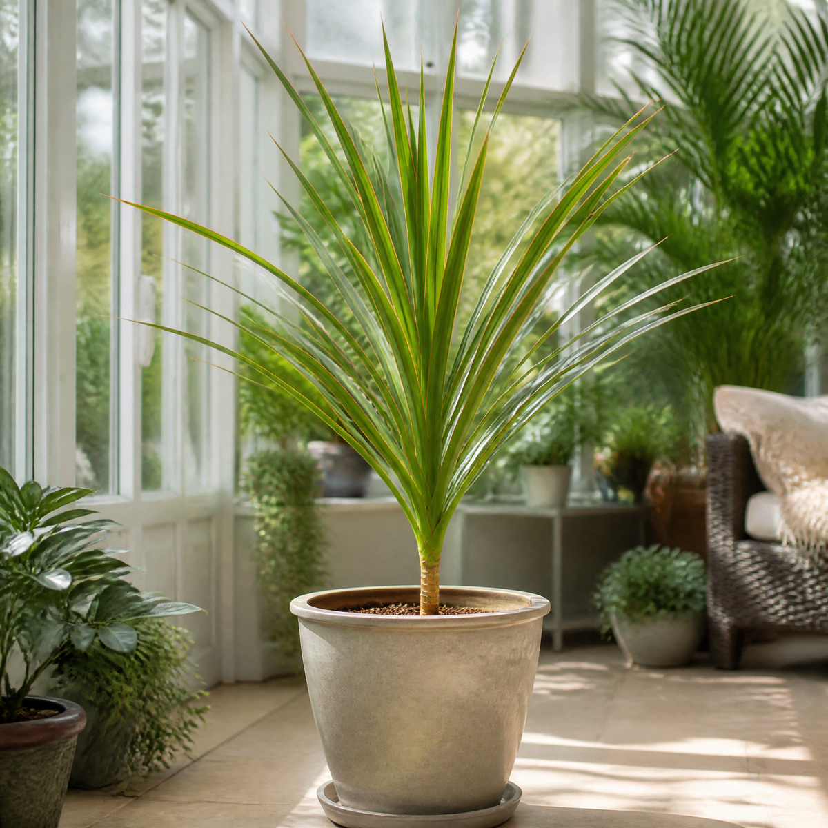 Dracaena marginata Dragon Tree houseplant with green, red-edged arching leaves.