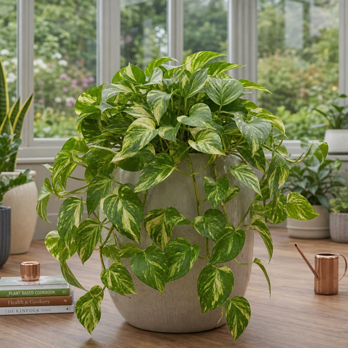 A trailing pothos plant with green and creamy-yellow variegated heart-shaped leaves.