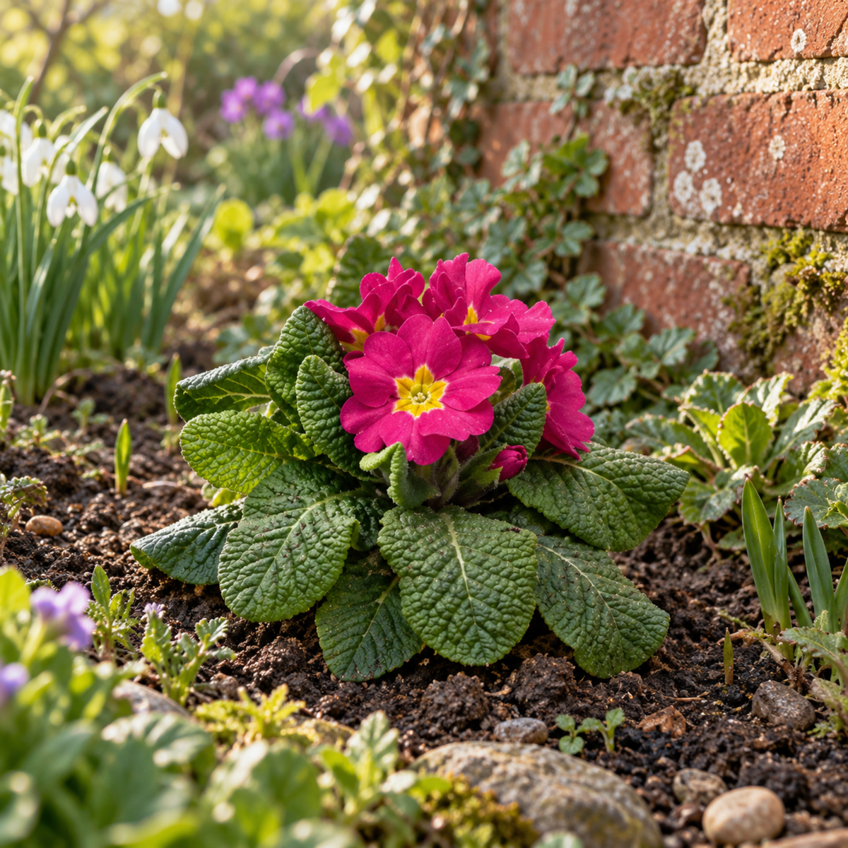 Rose-pink polyanthus flowers above deep green crinkled leaves.