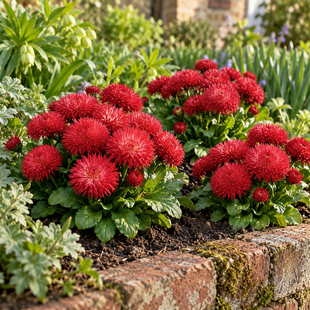 Red double pompom Bellis daisy flowers above bright green leaves.