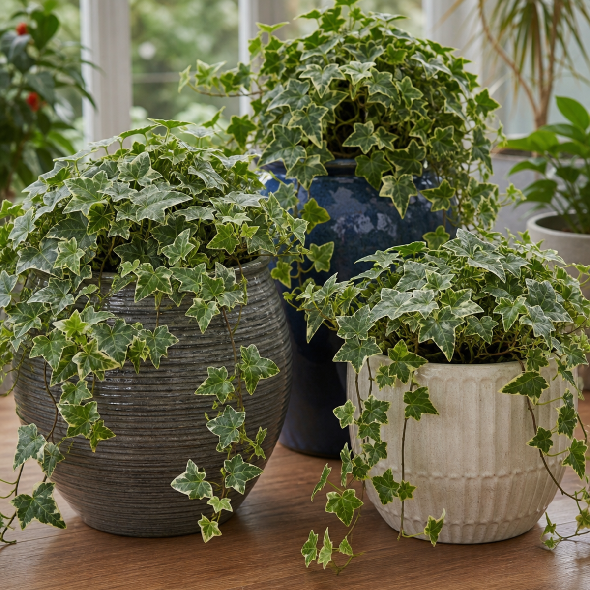 Variegated ivy trailing houseplant with green and cream leaves in a pot.