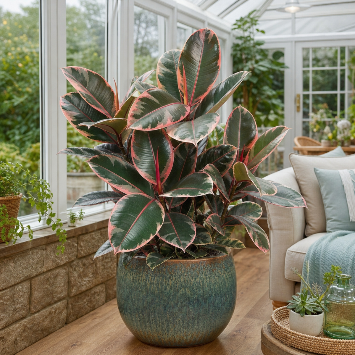 Ficus elastica 'Belize', a rubber plant with pink and green variegated leaves.
