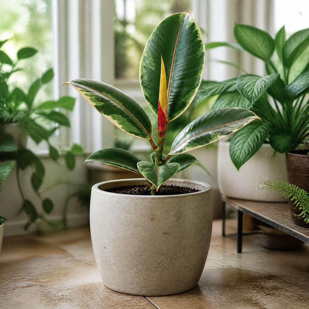 Ficus elastica 'Belize' rubber plant with glossy green, pink-red marked leaves.
