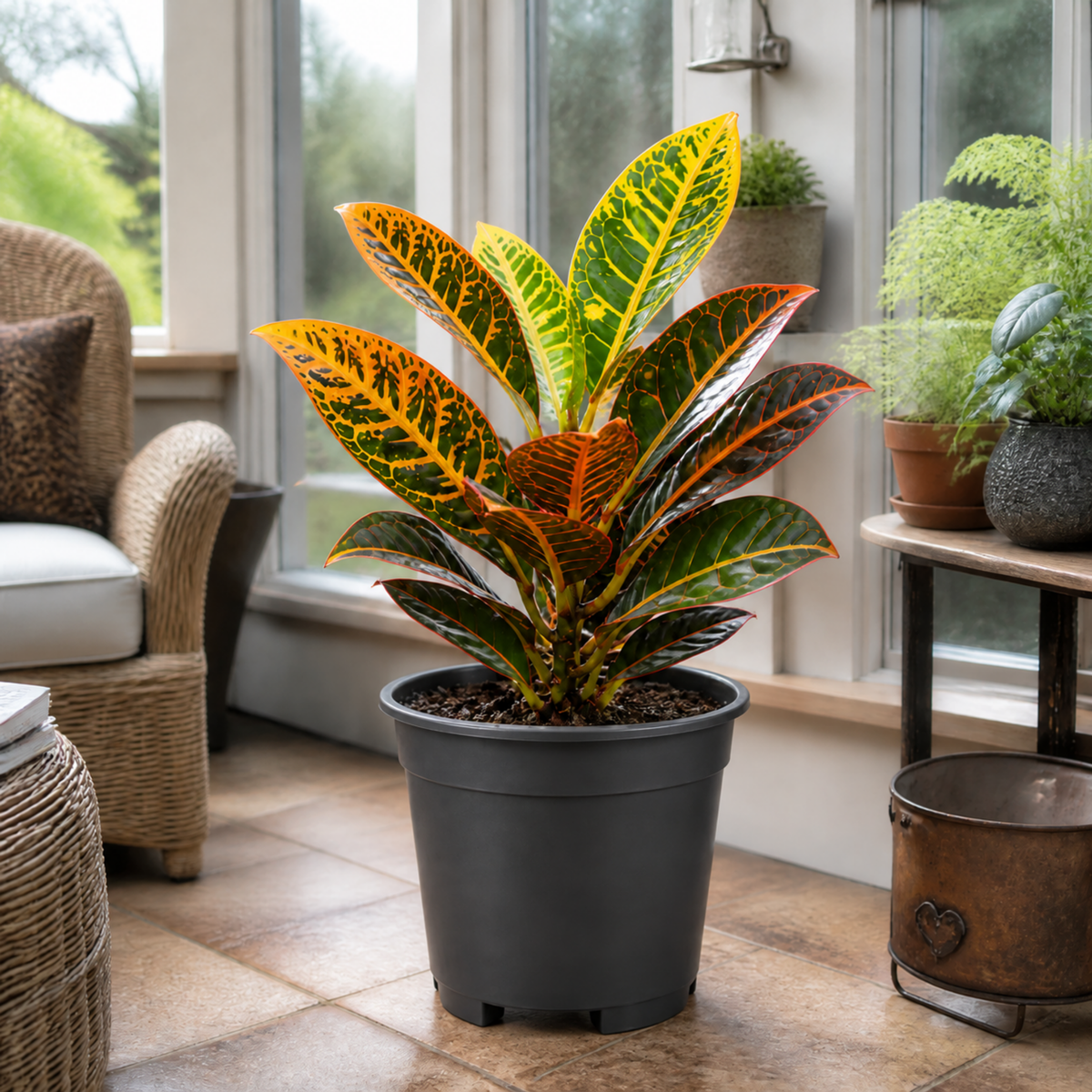 Croton 'Petra' houseplant with red, orange, yellow and green variegated leaves.