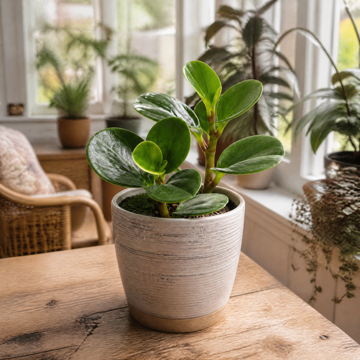 Peperomia obtusifolia 'Variegata' houseplant with creamy white and green variegated leaves.