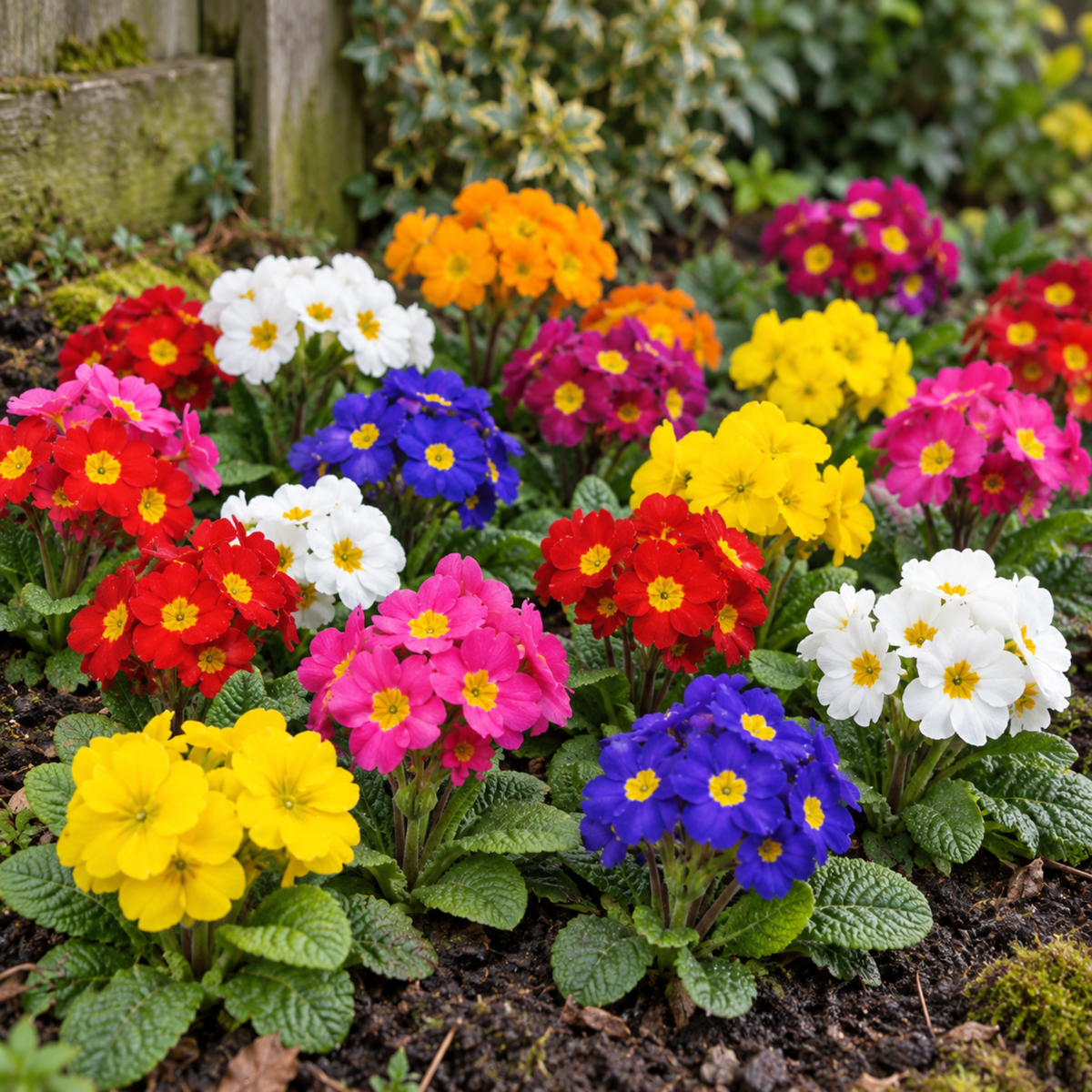 Polyanthus 'Piano Mix' bedding plants in flower in mixed jewel colours with bright centres