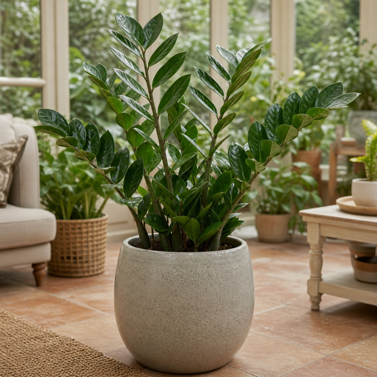 ZZ Plant with glossy dark green foliage in a pot.