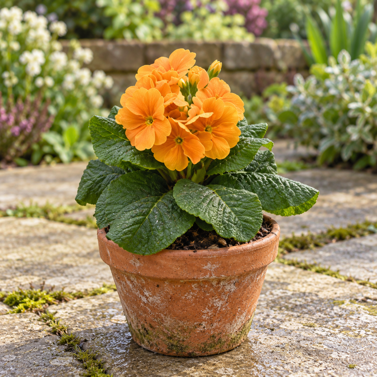Orange polyanthus flowers with yellow centres above deep green leaves.