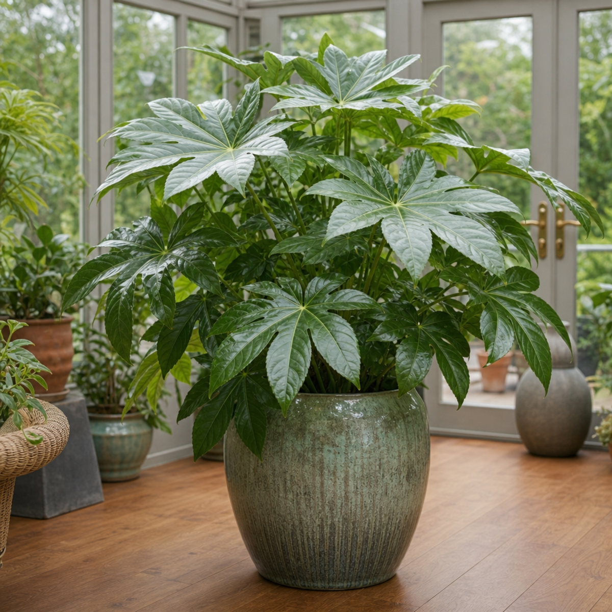 Fatsia japonica, the Paper Plant, with large glossy dark green lobed leaves.