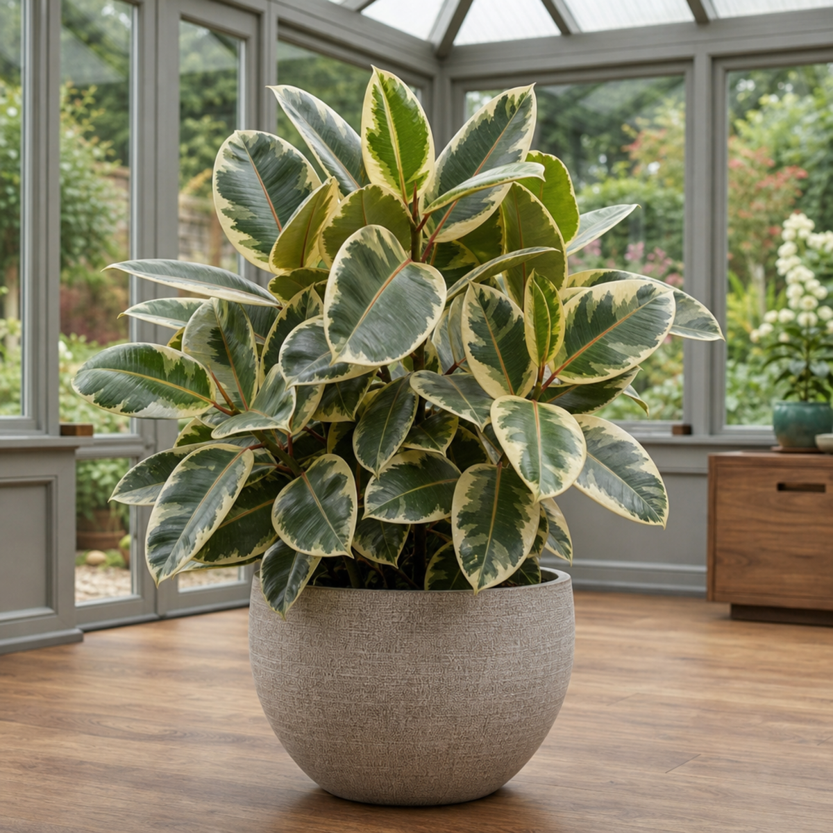 A Ficus elastica 'Tineke' variegated rubber plant with cream, green and pink leaves.