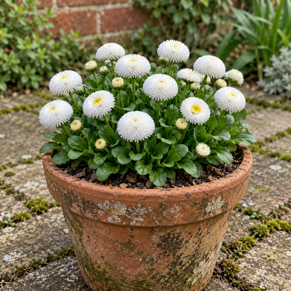 Double white Bellis Habanera daisies with pompon-style flowers