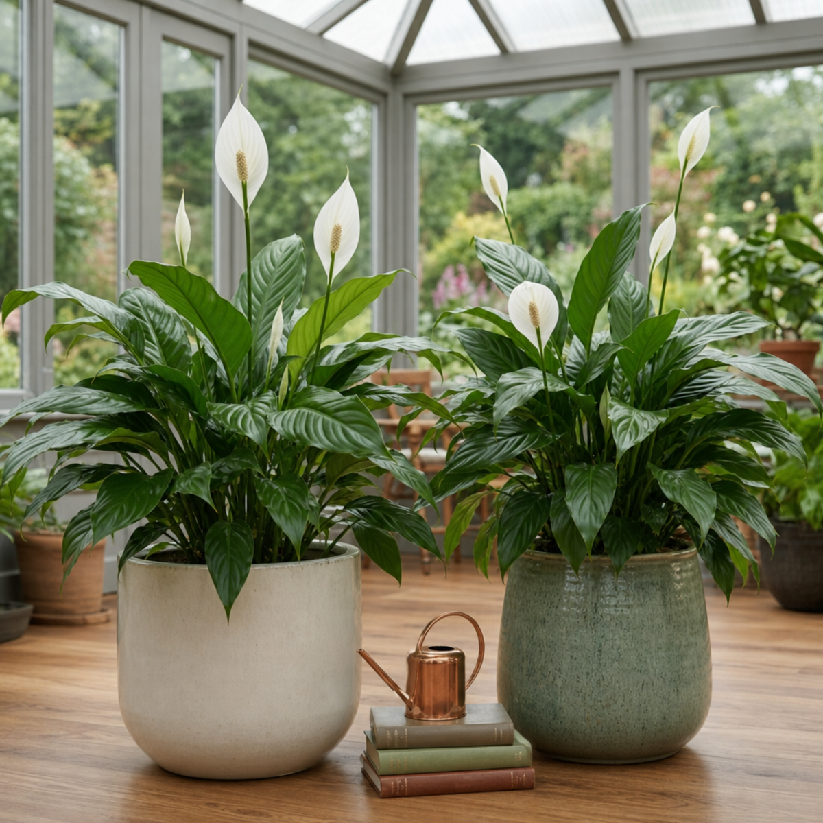 A peace lily houseplant with glossy green leaves and white flowers in a pot.