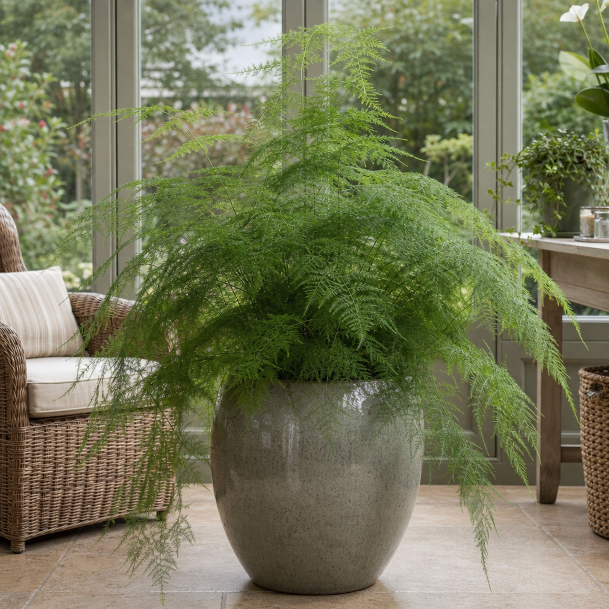 A green asparagus fern houseplant with feathery, bright green foliage in a pot.