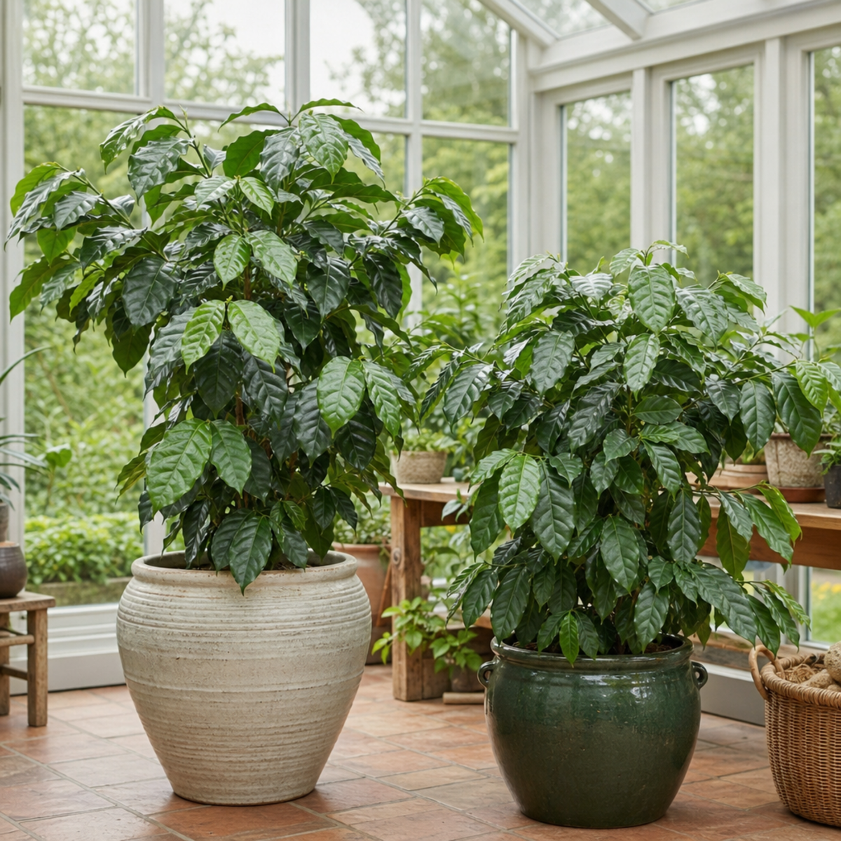 Coffea arabica coffee plant with glossy dark green leaves.