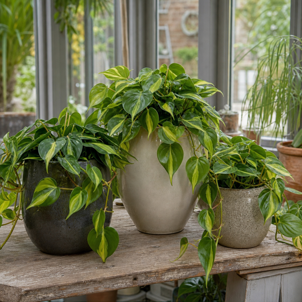 A Philodendron plant with green and lime-yellow variegated trailing leaves.