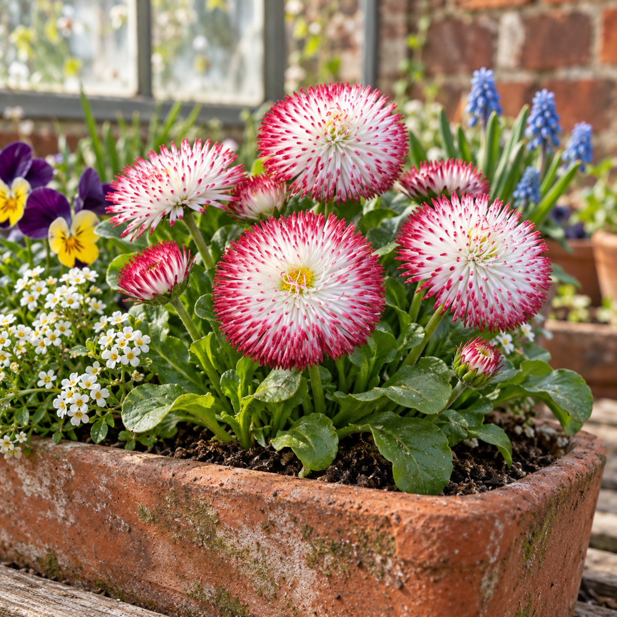 Double daisy flowers with deep red petals tipped in white