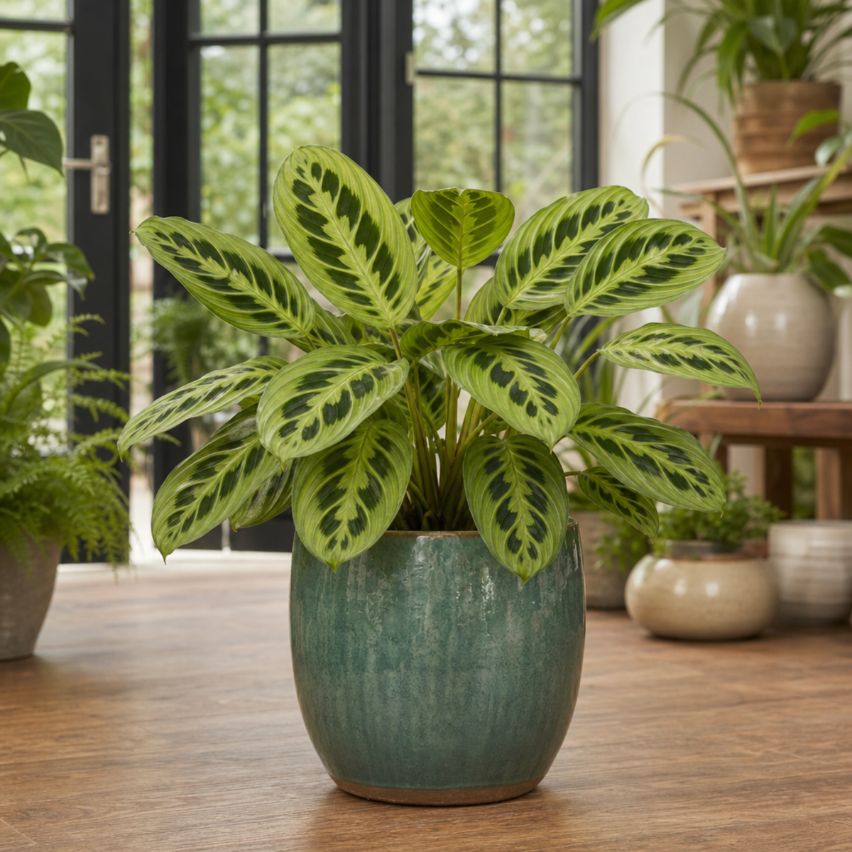 Maranta Lemon Lime prayer plant with lime green and deep green variegated leaves.