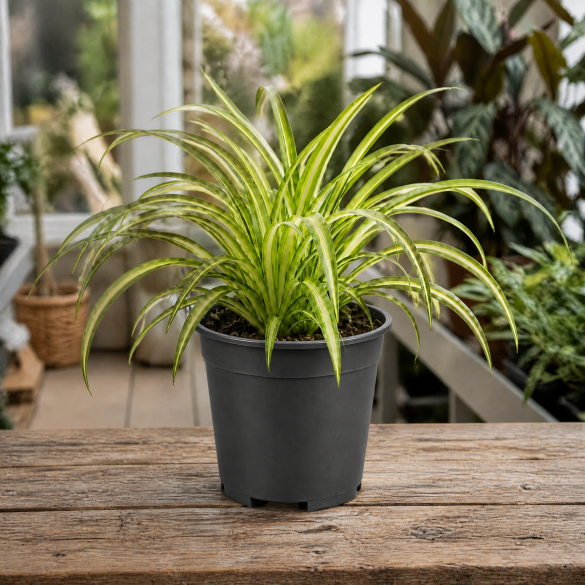 Spider plant with trailing green and white striped leaves.