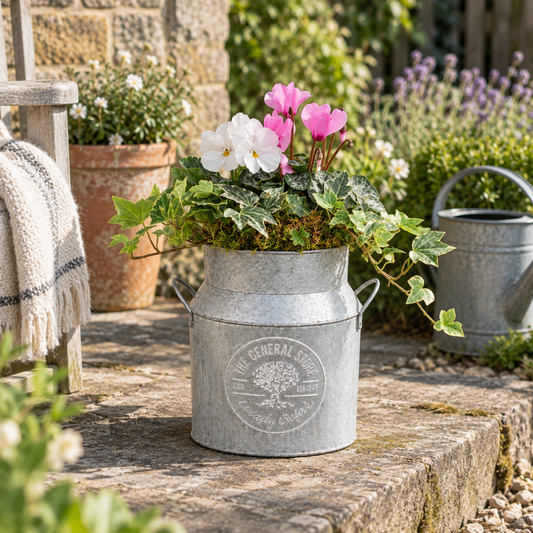 Pink cyclamen and white pansies with silver-leaved ivy planted in a milk churn.