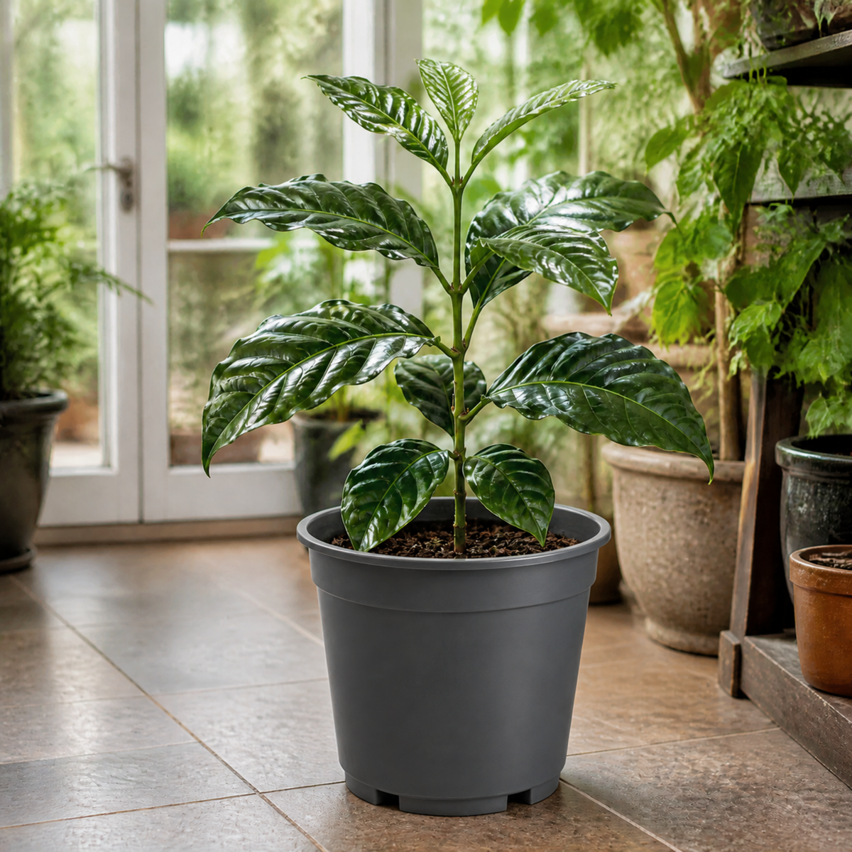 Coffea arabica coffee plant with glossy dark green leaves.