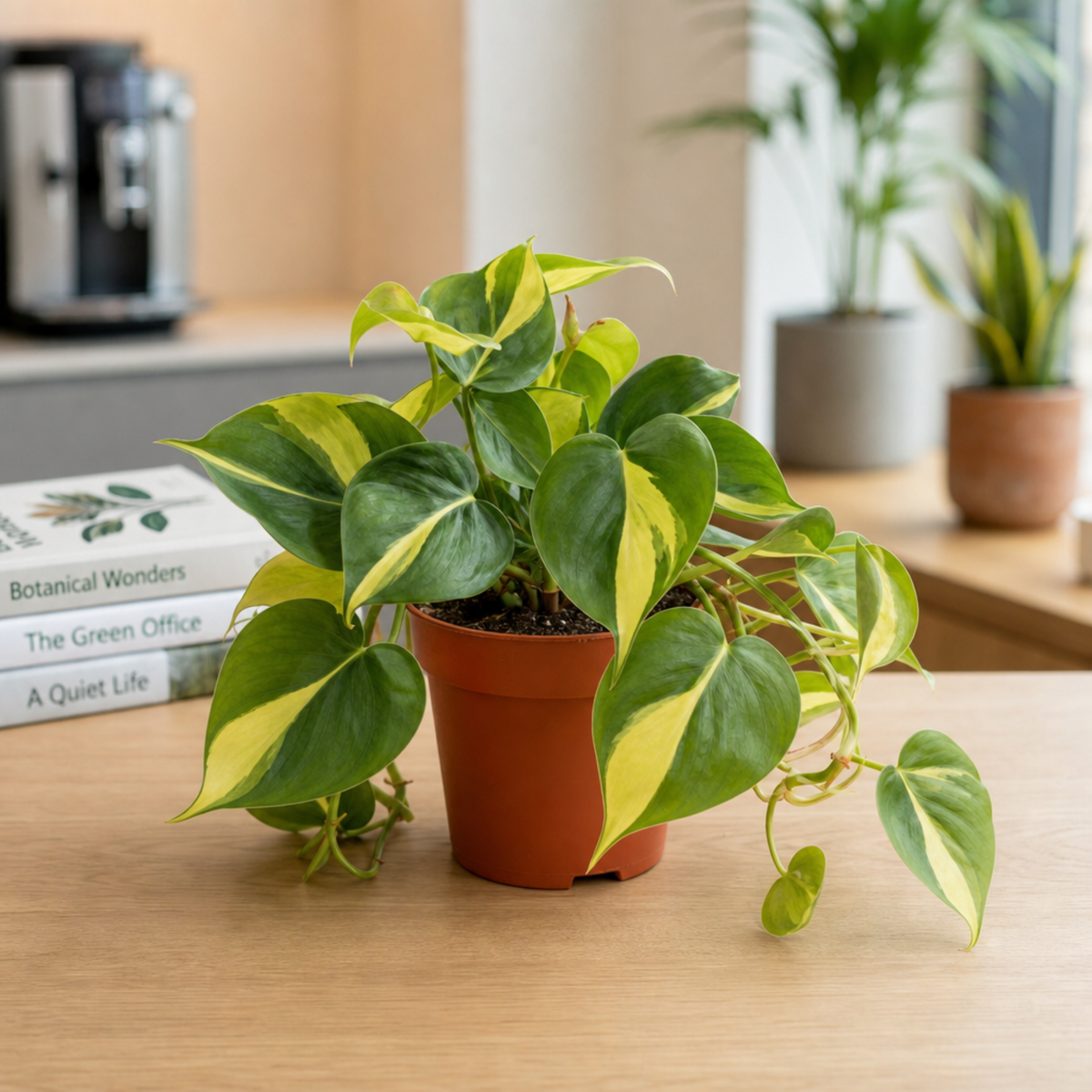 A Philodendron plant with green and lime-yellow variegated trailing leaves.