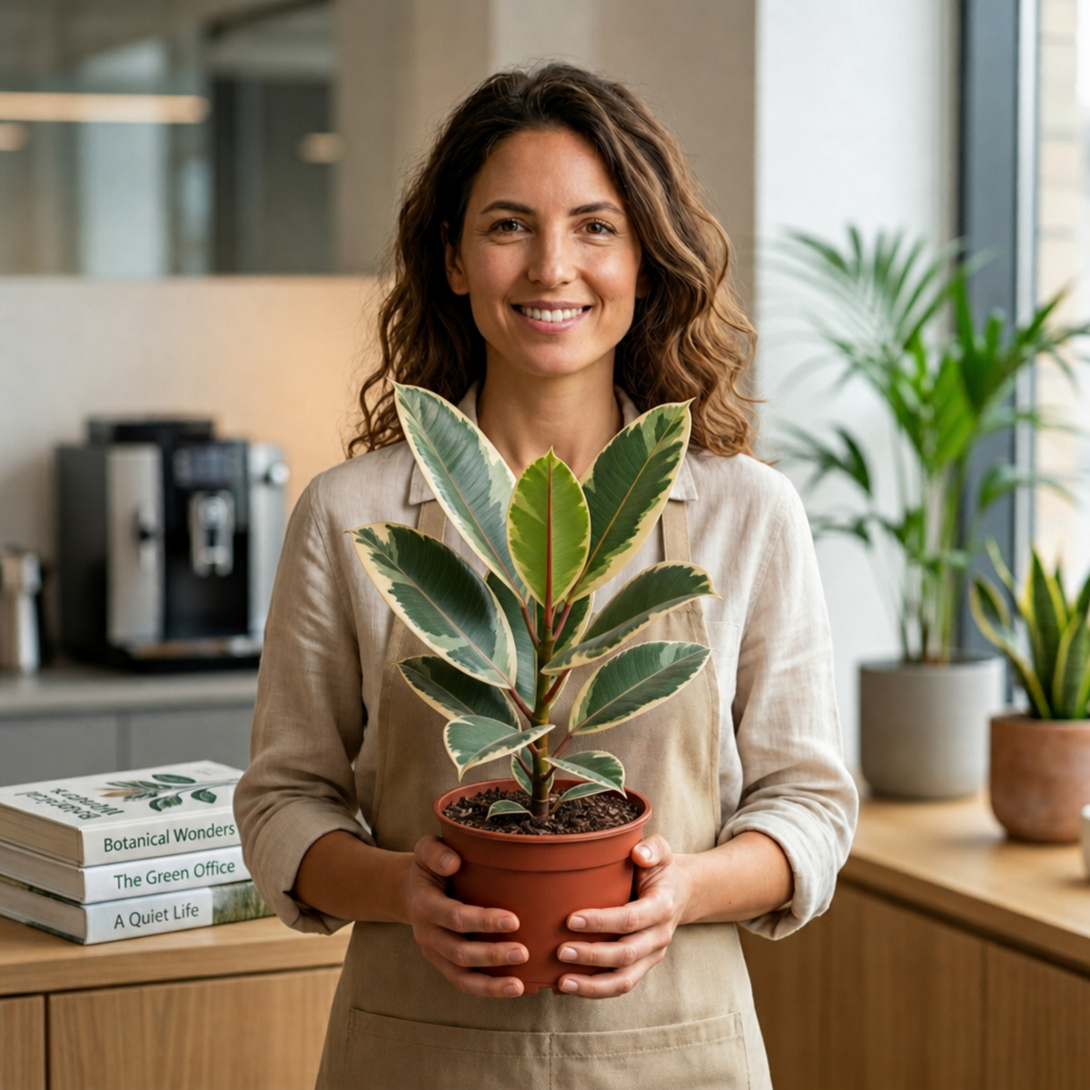 A Ficus elastica 'Tineke' variegated rubber plant with cream, green and pink leaves.