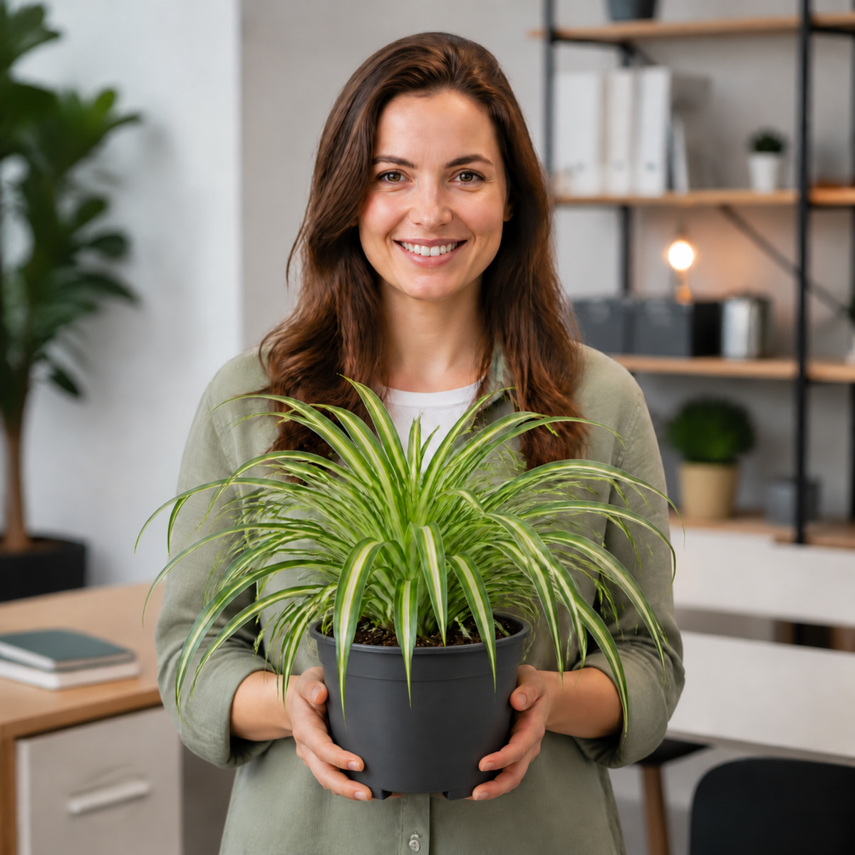 Spider plant with trailing green and white striped leaves.