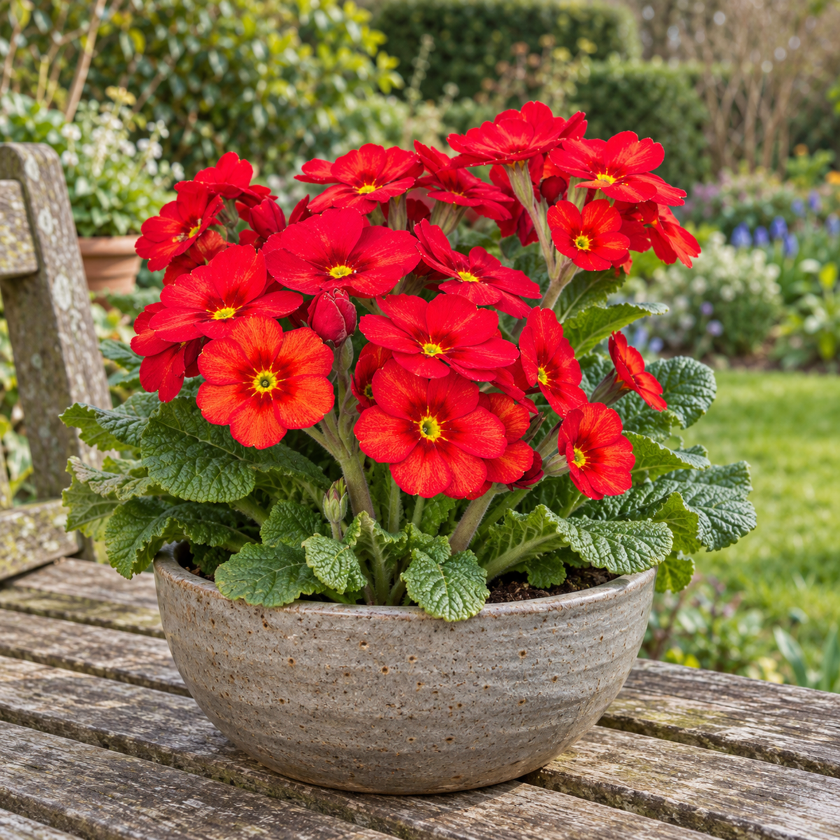 Polyanthus plants with vivid scarlet flowers and golden-yellow centres above green crinkled leaves.