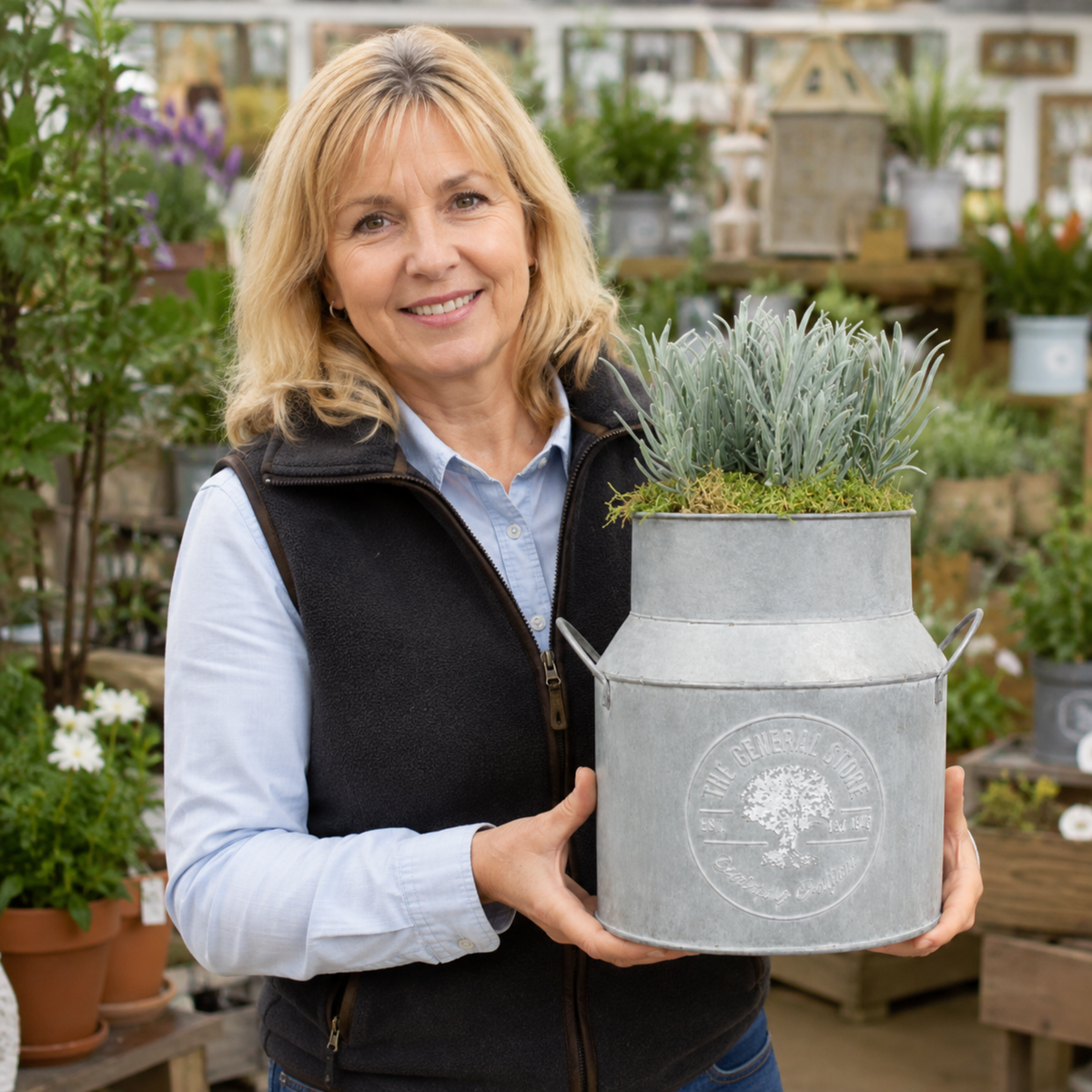 Purple lavender flowers in milk churn planter with moss finish