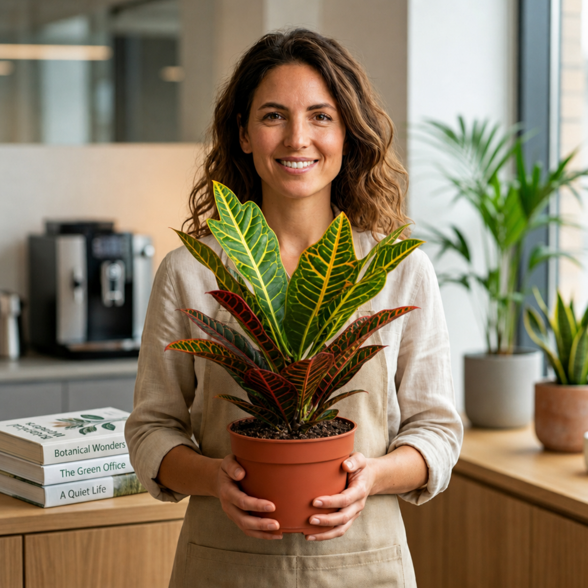Croton 'Petra' houseplant with red, orange, yellow and green variegated leaves.