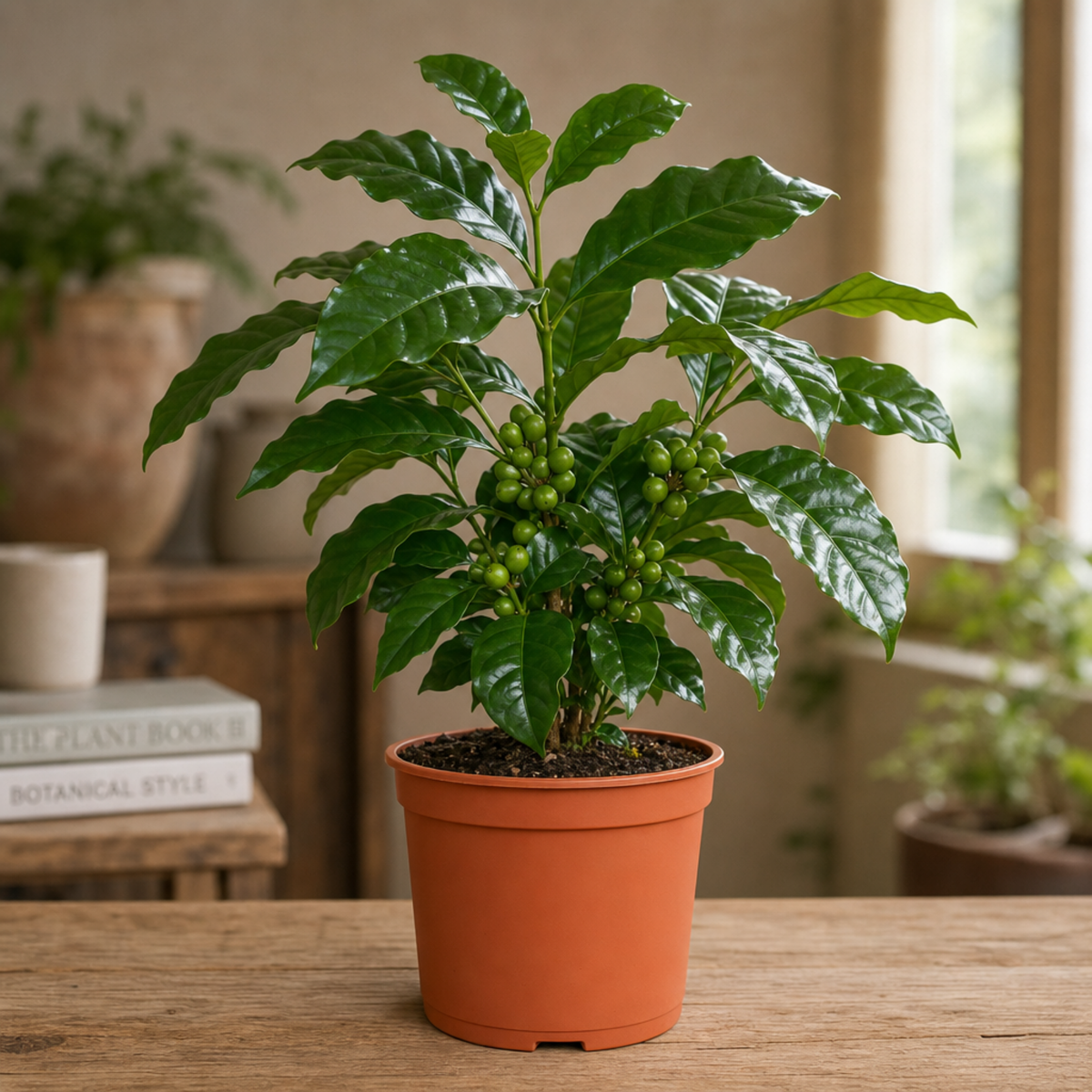Coffea arabica coffee plant with glossy dark green leaves.
