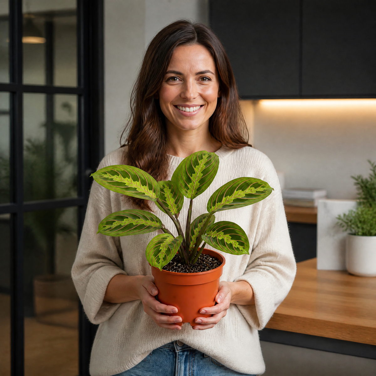 Maranta Lemon Lime Prayer Plant with lime green and yellow striped foliage.