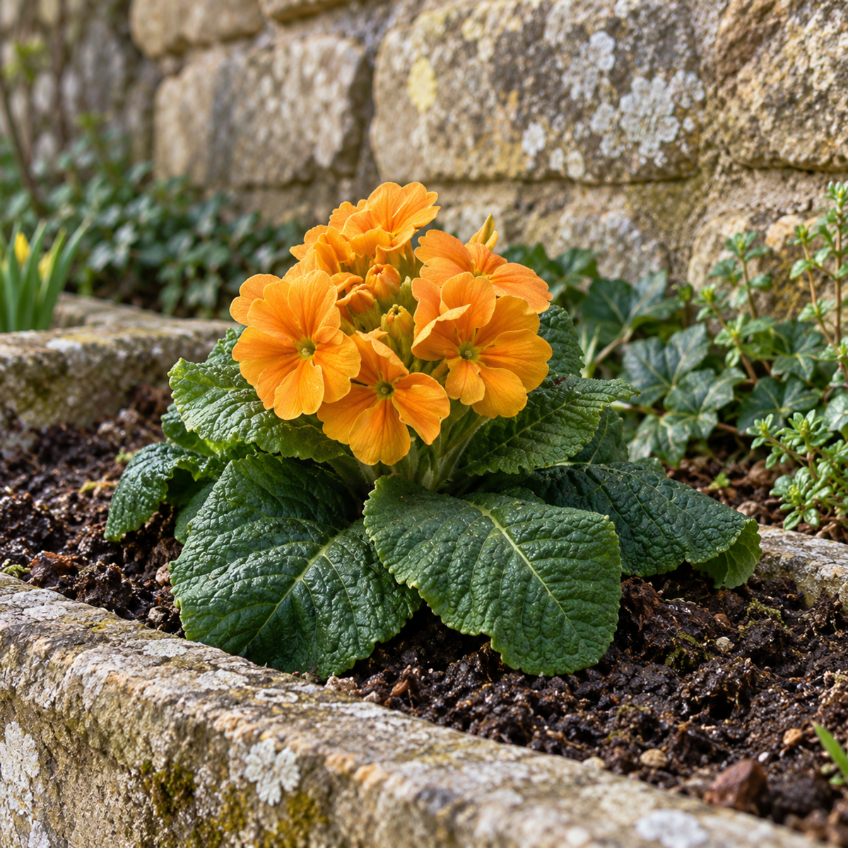 Orange polyanthus flowers with yellow centres above deep green leaves.