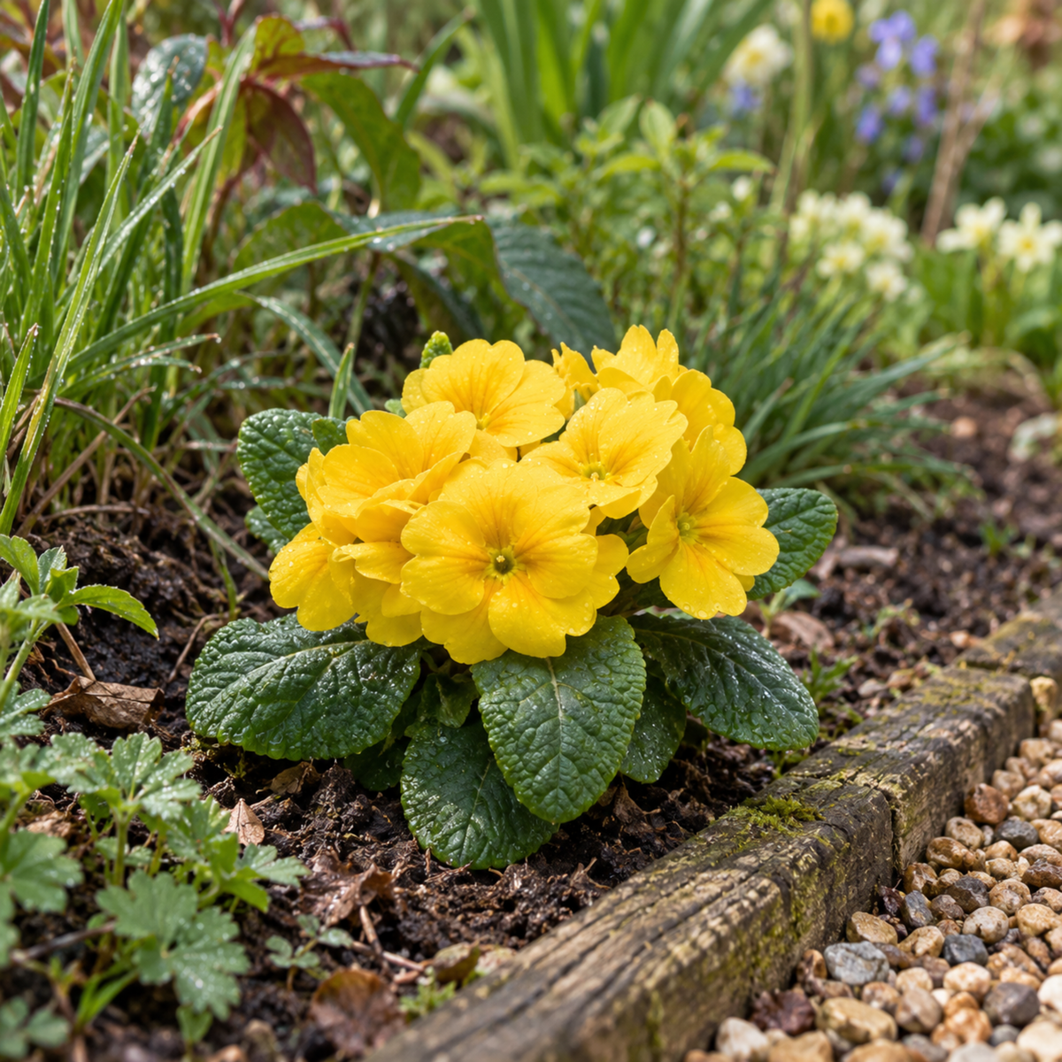 Bright yellow polyanthus flowers with green crinkled leaves.