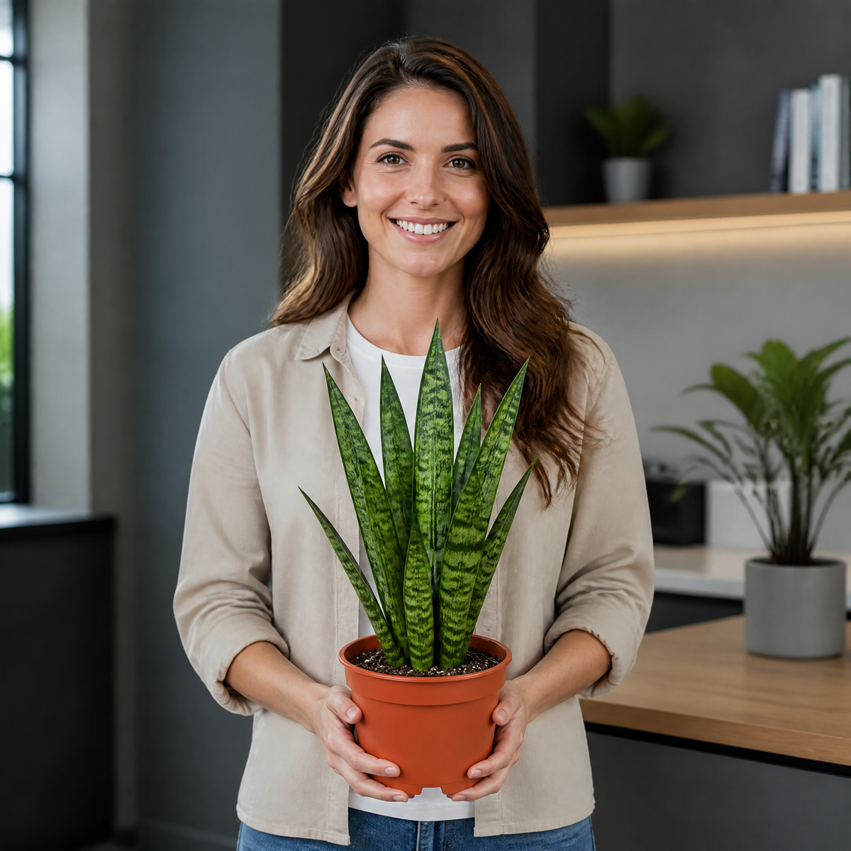 A snake plant with upright green leaves banded in creamy yellow, in a pot.