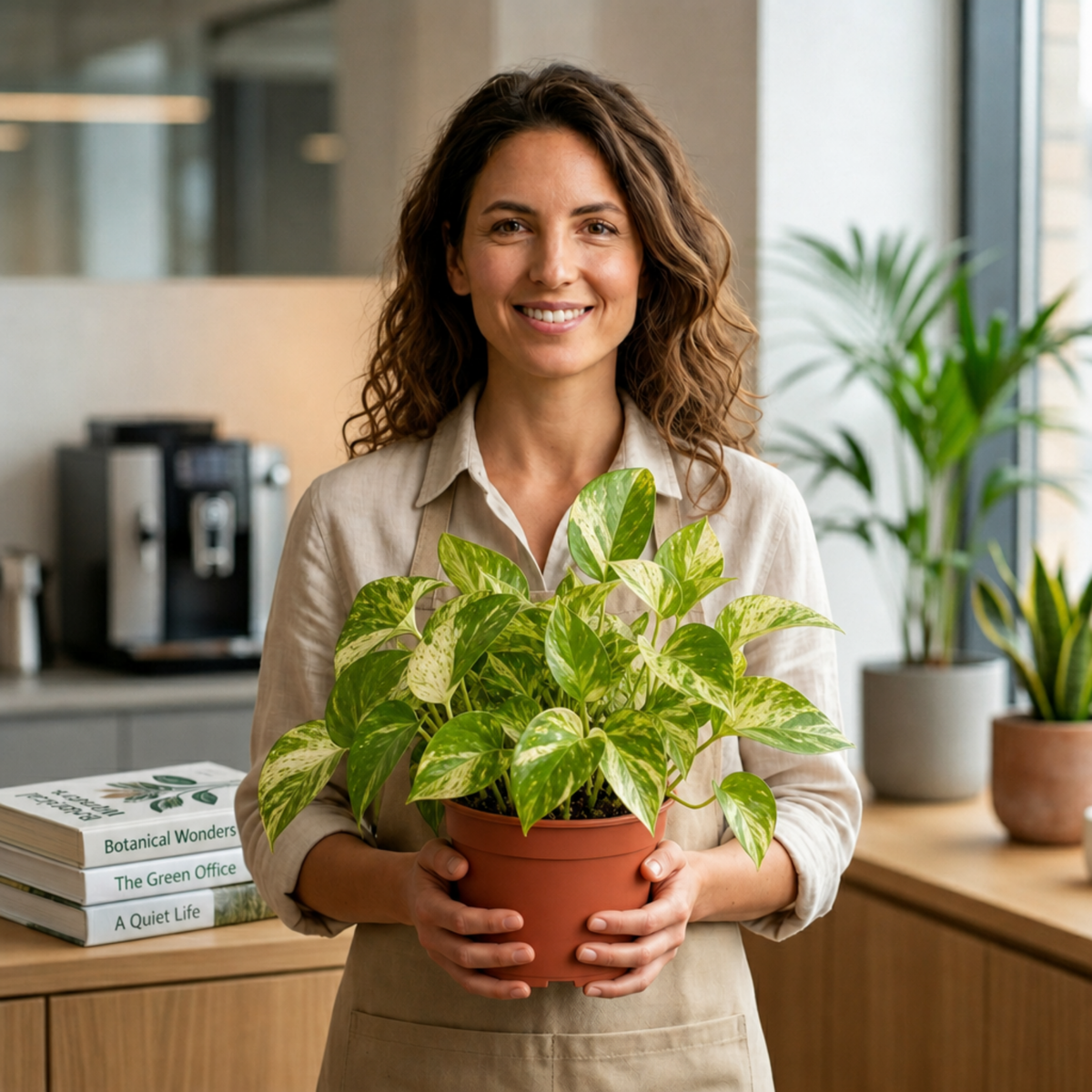 A trailing pothos plant with green and creamy-yellow variegated heart-shaped leaves.