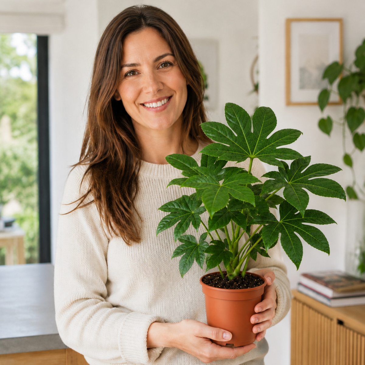 Fatsia japonica, the Paper Plant, with large glossy dark green lobed leaves.