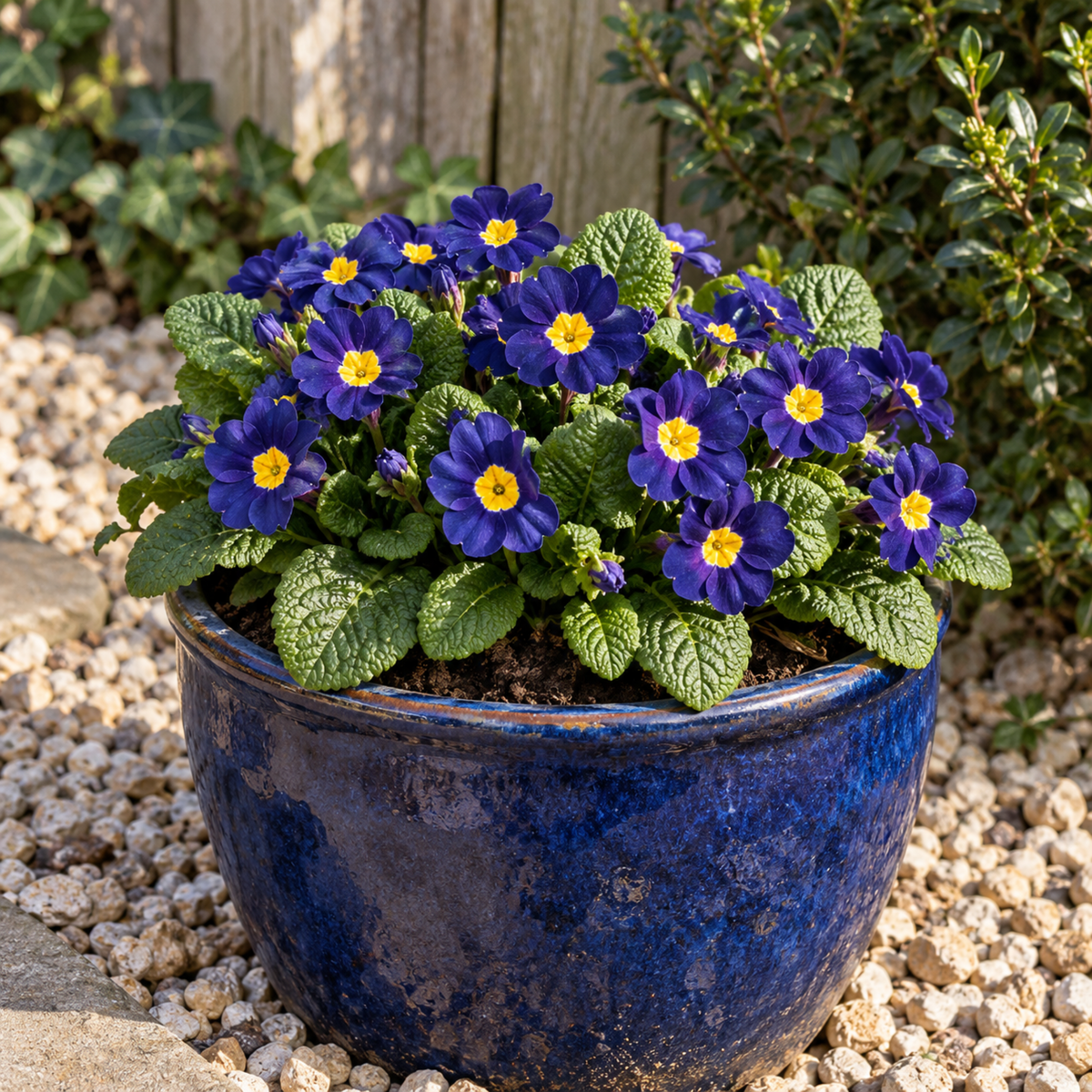 Blue polyanthus flowers with yellow centres above crinkled green leaves.