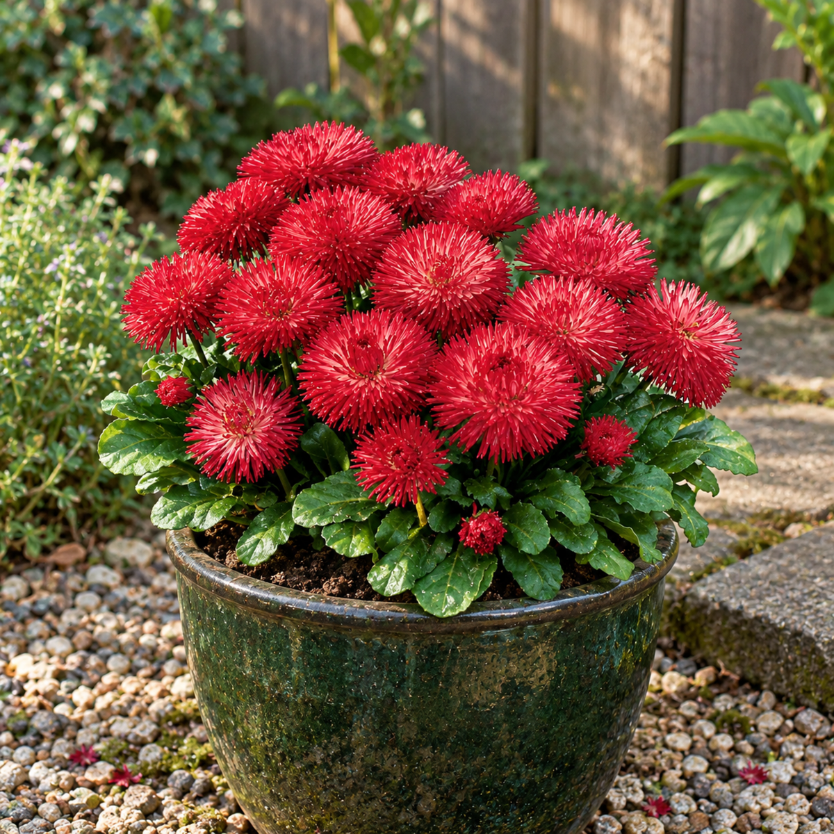 Red double pompom Bellis daisy flowers above bright green leaves.