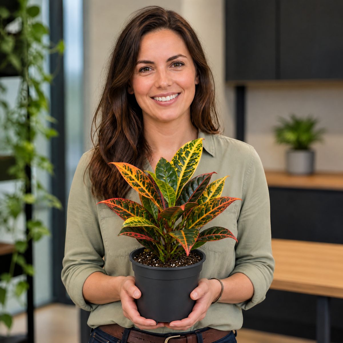 Croton 'Petra' houseplant with red, orange, yellow and green variegated leaves.