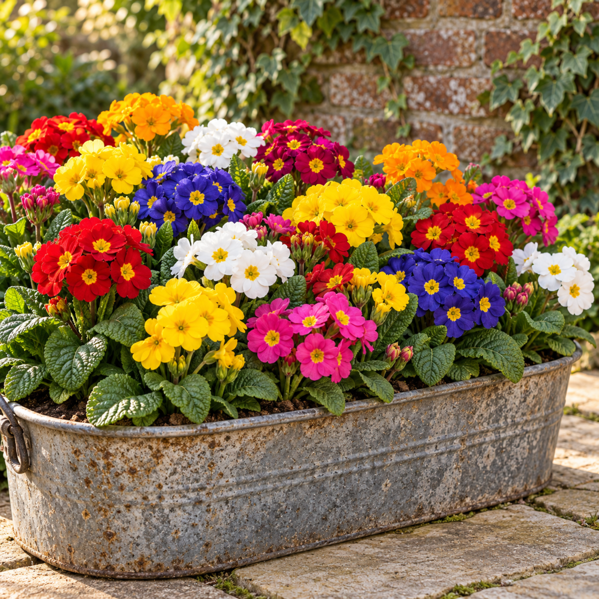 Polyanthus 'Piano Mix' bedding plants in flower in mixed jewel colours with bright centres