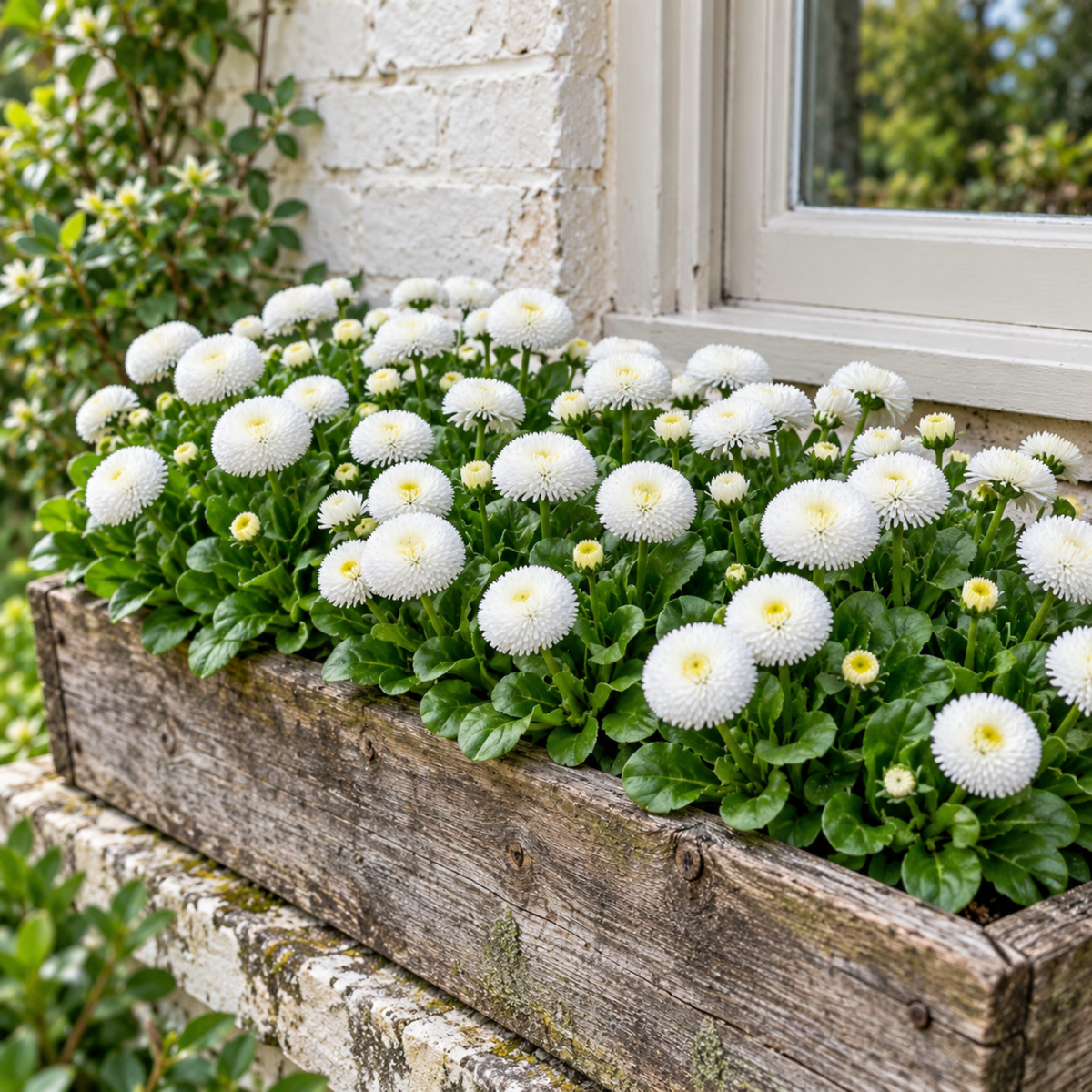 Double white Bellis Habanera daisies with pompon-style flowers