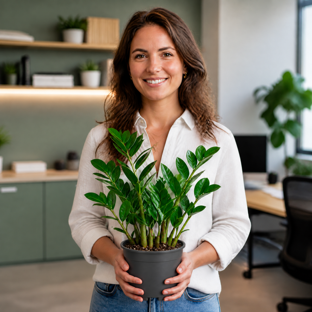 A ZZ Plant (Zamioculcas zamiifolia) with glossy dark green leaves.