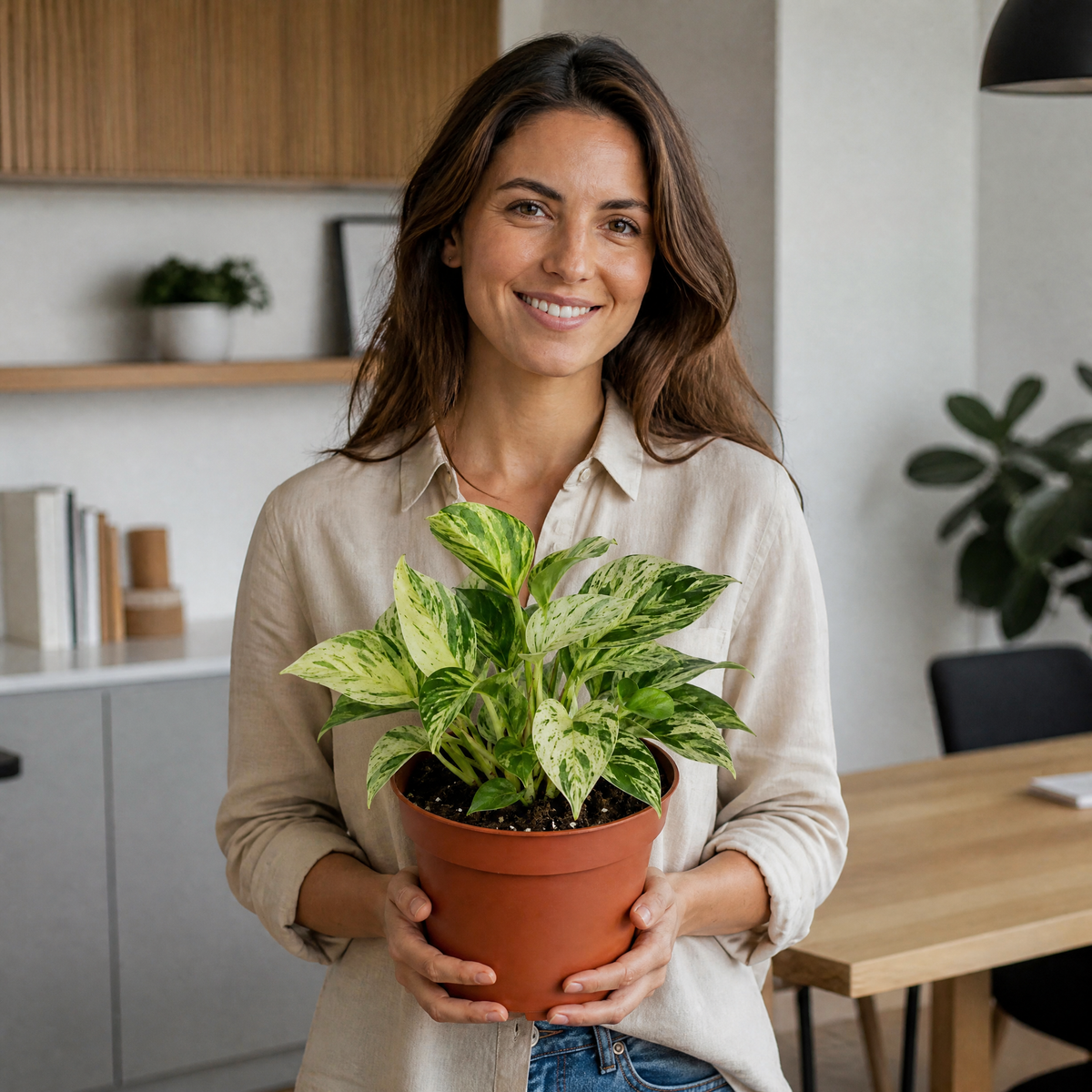 Marble Queen Pothos plant with green and white variegated trailing leaves.