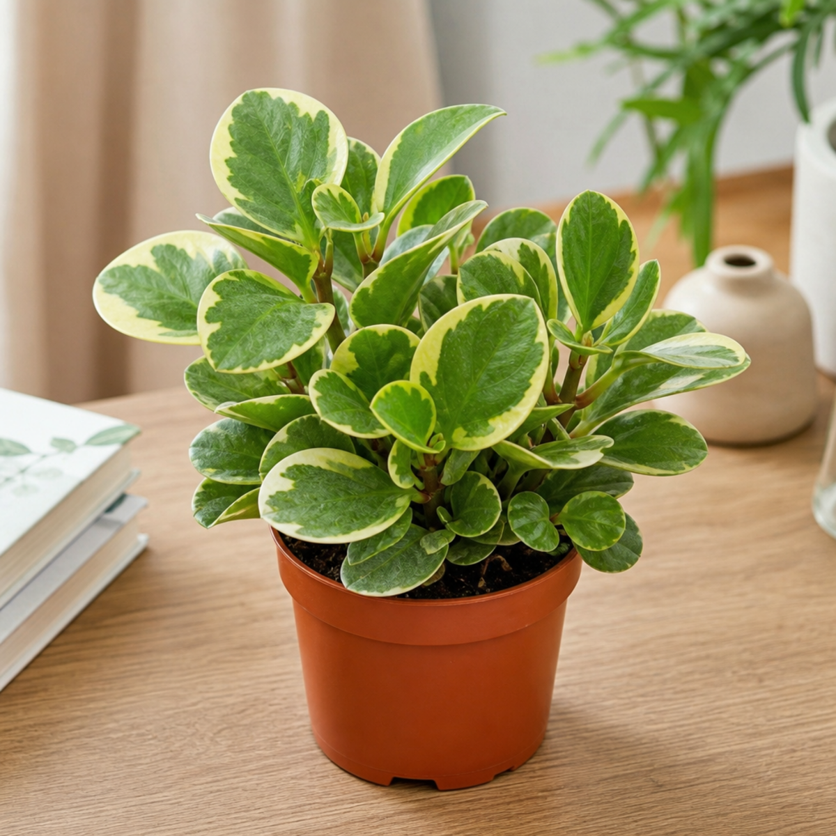 Variegated Peperomia radiator plant with cream and green leaves.
