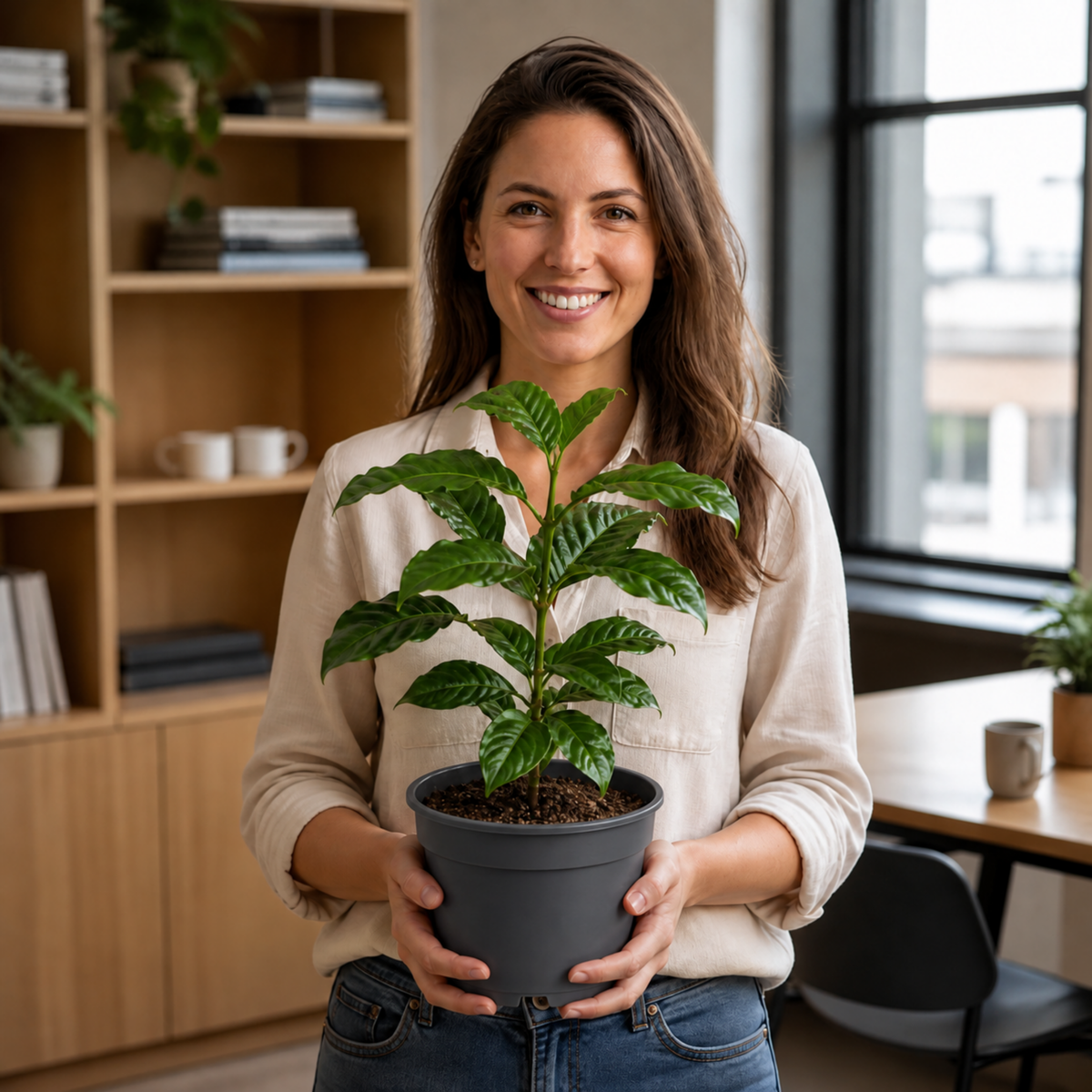 Coffea arabica coffee plant with glossy dark green leaves.