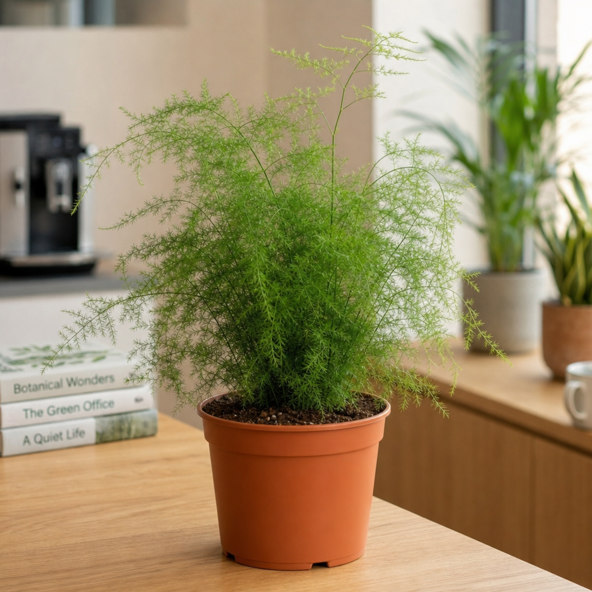 A green asparagus fern houseplant with feathery, bright green foliage in a pot.