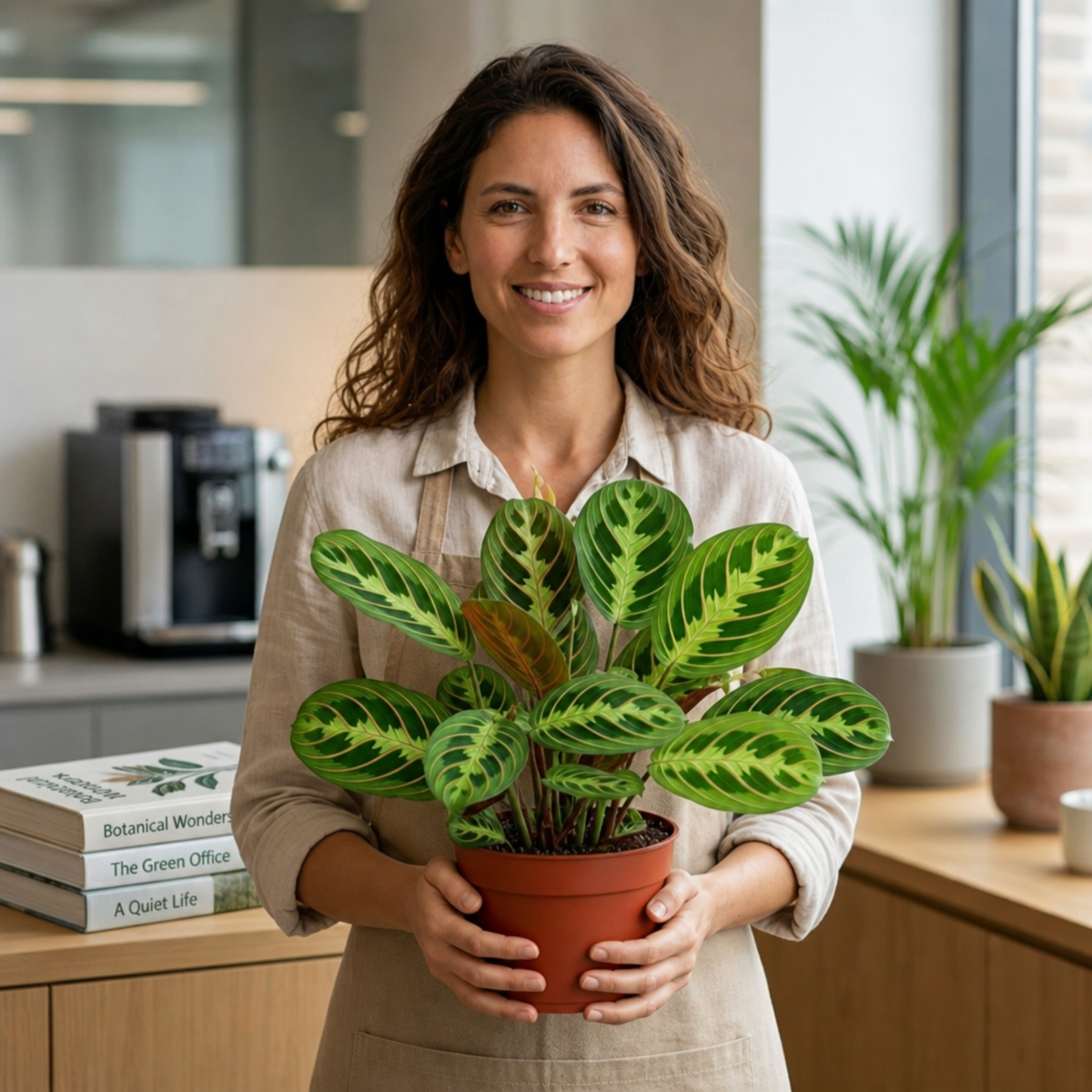 Maranta Lemon Lime prayer plant with lime green and deep green variegated leaves.