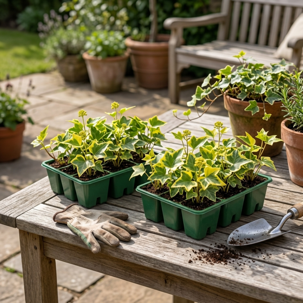 Trailing ivy plants with green leaves edged in golden yellow.